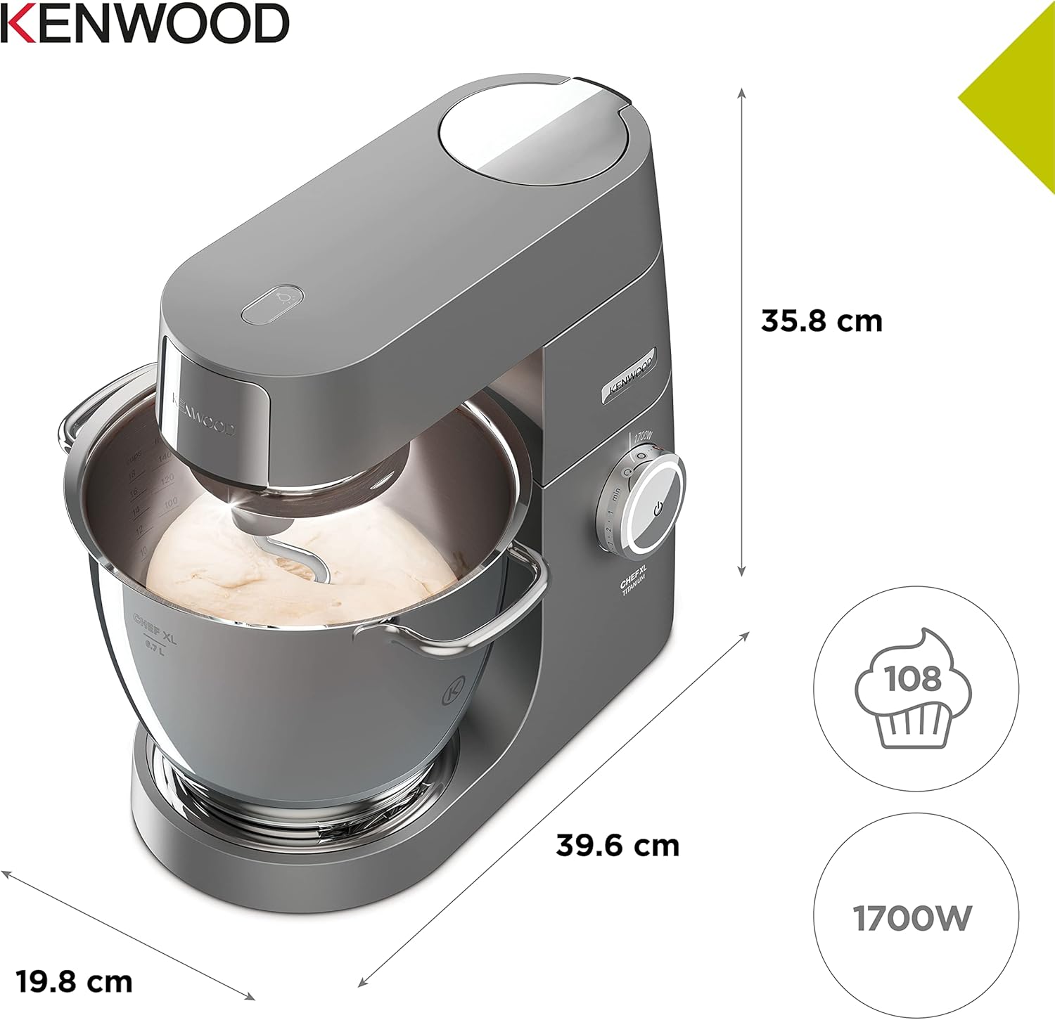 Kenwood Titanium Chef Patissier XL KWL90.004SI Küchenmaschine, 7 L, integrierte Waage und Heizfunktion