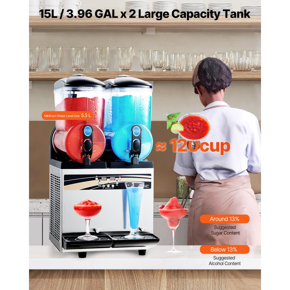 VEVOR kommerzieller Frozen Drink Maker, 15 L x 2 Slush-Maschine mit zwei Tanks, 120 Tassen Margarita-Smoothie-Maschine aus Edelstahl, Slush-Maker für Zuhause Partys Restaurants Cafés Bars