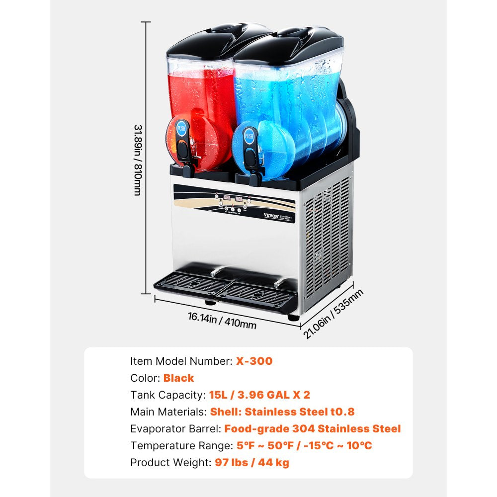 VEVOR kommerzieller Frozen Drink Maker, 15 L x 2 Slush-Maschine mit zwei Tanks, 120 Tassen Margarita-Smoothie-Maschine aus Edelstahl, Slush-Maker für Zuhause Partys Restaurants Cafés Bars