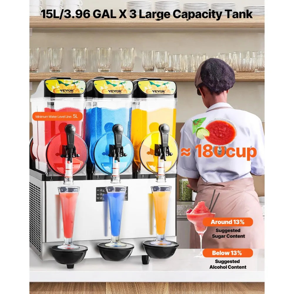 VEVOR Gewerbliche Slush Eis Maschine 45 L Slushie-Maker mit 3 Tanks, Crushed Ice-Maschine aus Edelstahl für 180 Tassen Margarita und Smoothies, Eis-Slush-Maschine für Zuhause Gastronomie Cafés Bars