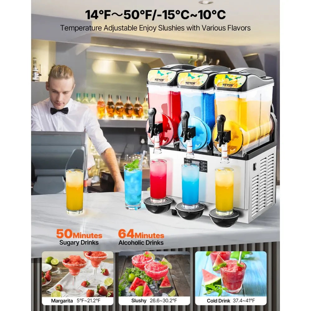 VEVOR Gewerbliche Slush Eis Maschine 45 L Slushie-Maker mit 3 Tanks, Crushed Ice-Maschine aus Edelstahl für 180 Tassen Margarita und Smoothies, Eis-Slush-Maschine für Zuhause Gastronomie Cafés Bars