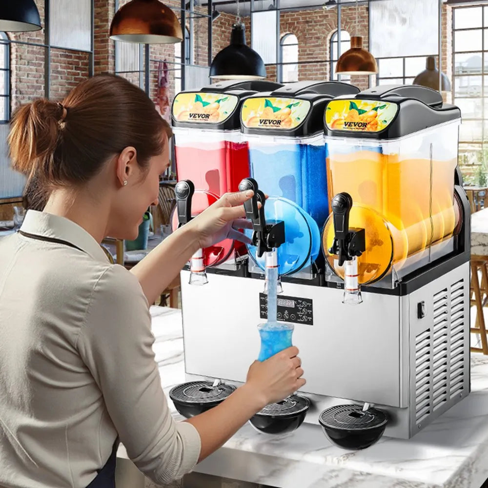 VEVOR Gewerbliche Slush Eis Maschine 45 L Slushie-Maker mit 3 Tanks, Crushed Ice-Maschine aus Edelstahl für 180 Tassen Margarita und Smoothies, Eis-Slush-Maschine für Zuhause Gastronomie Cafés Bars